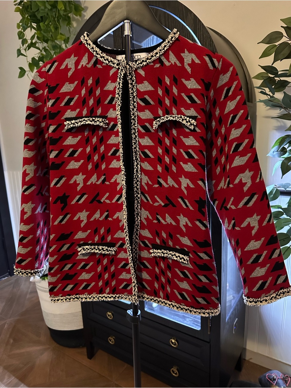 Kasper Red Patterned Knit Blazer with Black & Gray Accents
